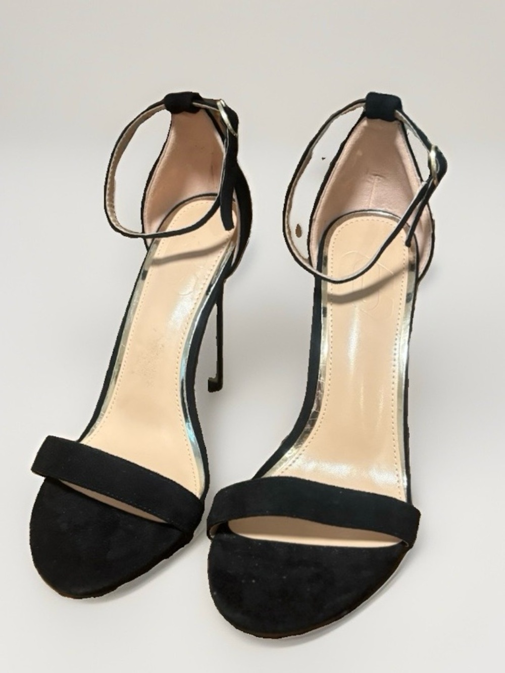 Women’s Black Suede Ankle-Strap Stiletto Heels with Gold Accents | 4 inch